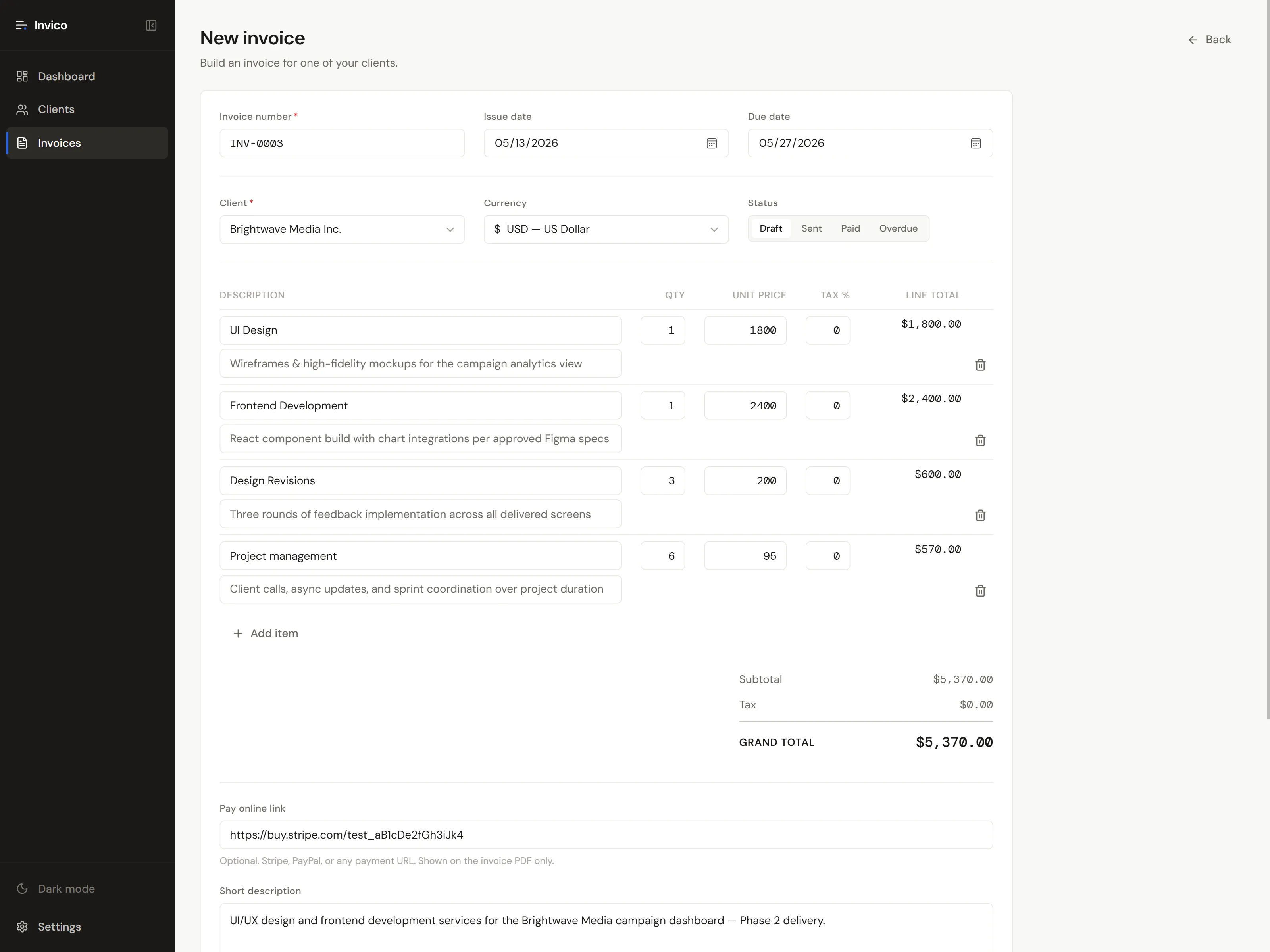 Invico invoice editor showing line items, totals, and client details